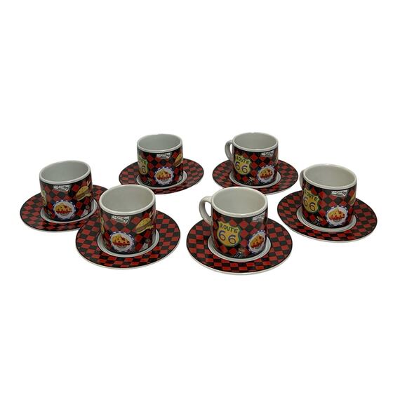 Vintage Sakura Roadside by Sue Zipkin - Route 66 Diner Stoneware Coffee Set x 6 - Picture 1 of 8